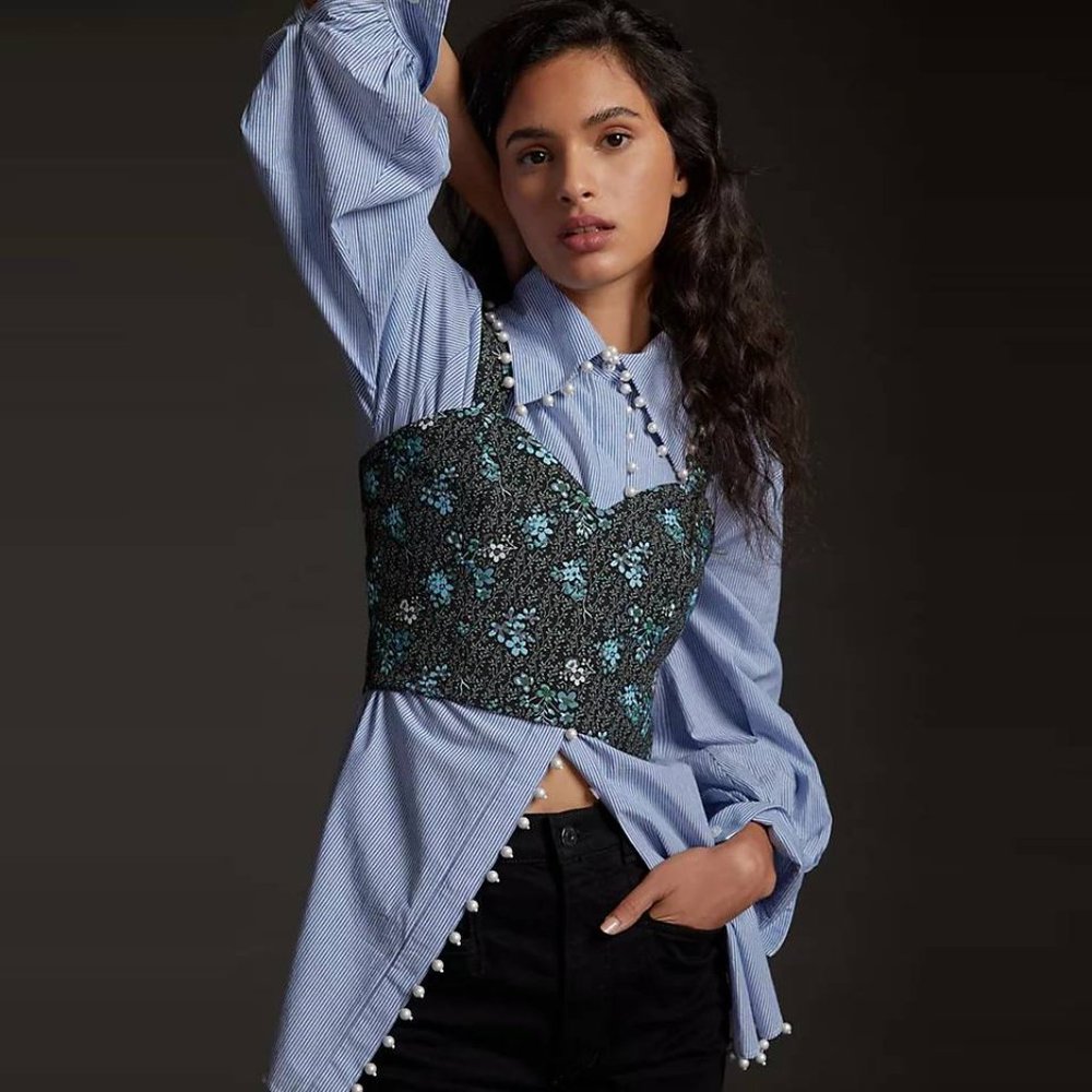 Sachin + Babi Black and Blue Floral Crop Bustier Top - Picture 3 of 3